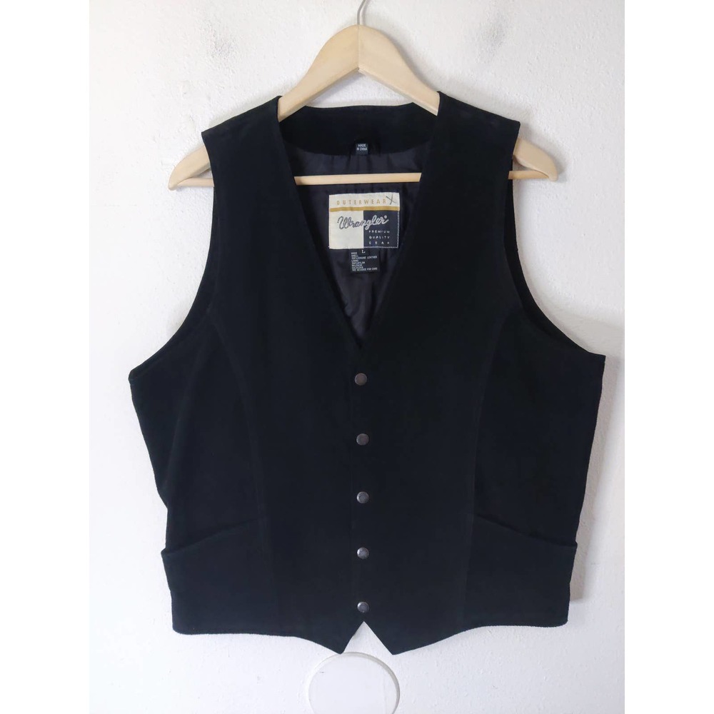 Wrangler Vintage Black Genuine Suede Leather Button V-neck Western Vest Size L